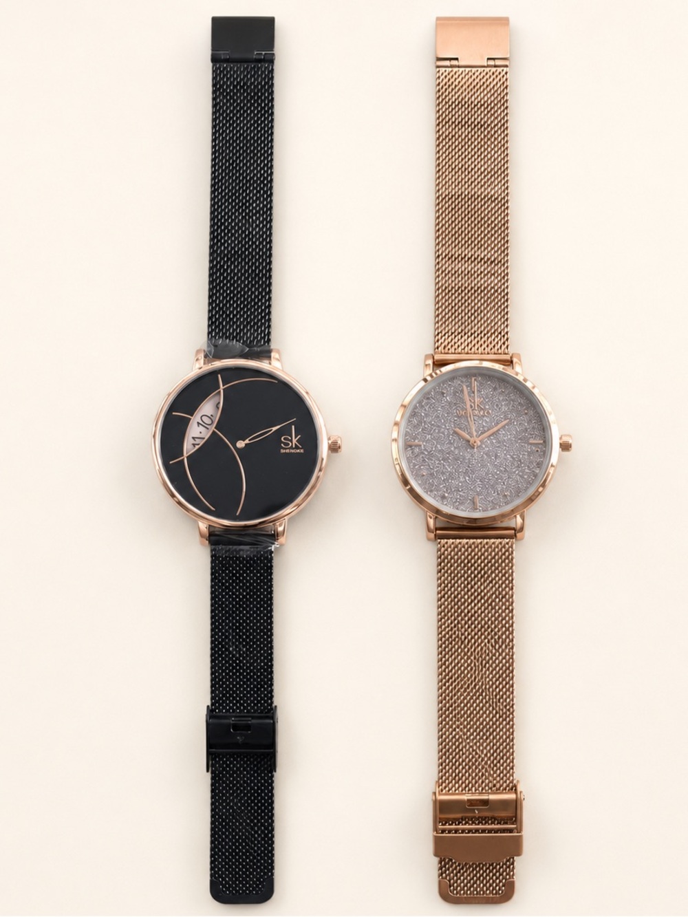 SK & Wavilo Mesh Band Watch Bundle Black Rose Gold New